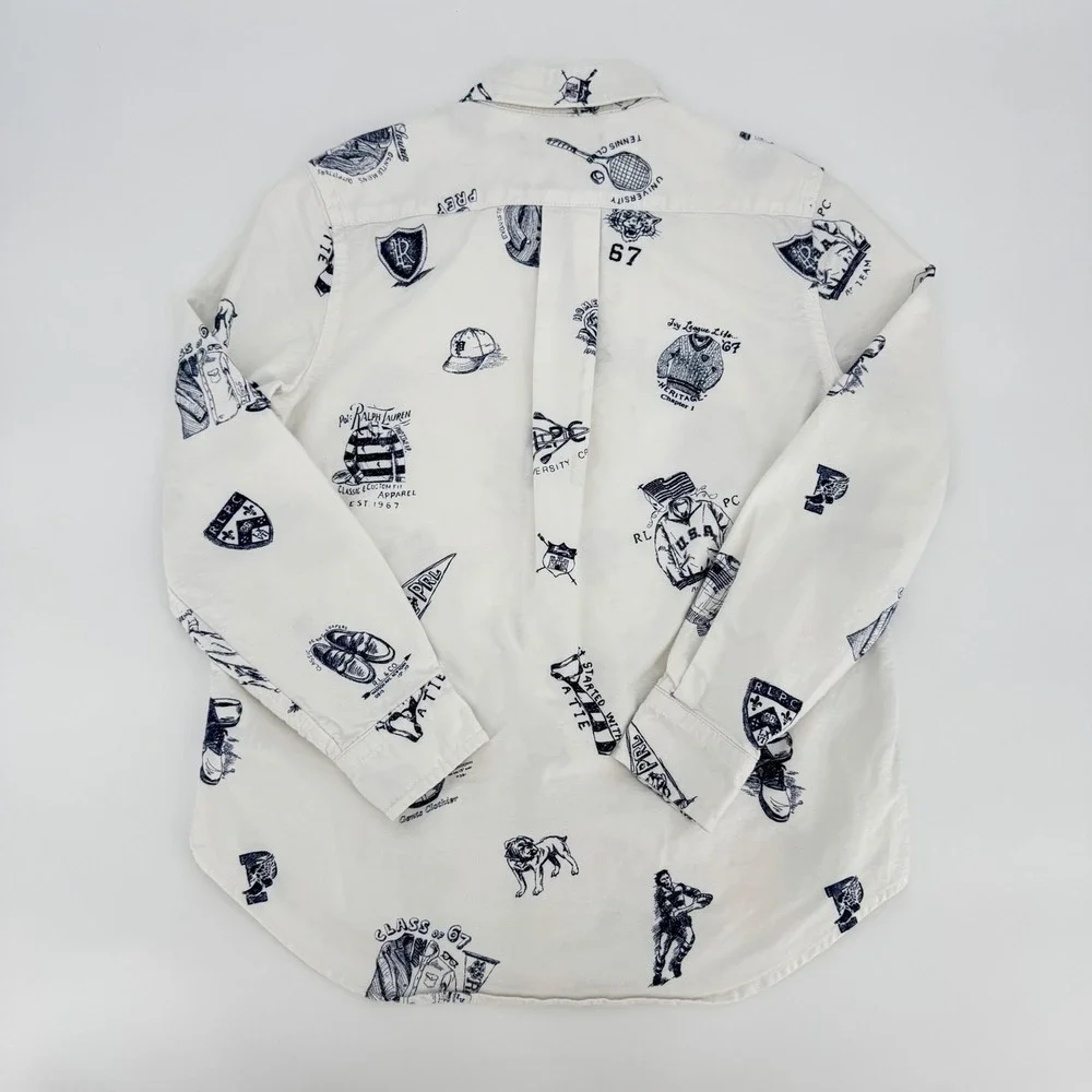 Ralph Lauren Boys M (10-12) Button-Down Shirt — White with Collegiate/Prep Print